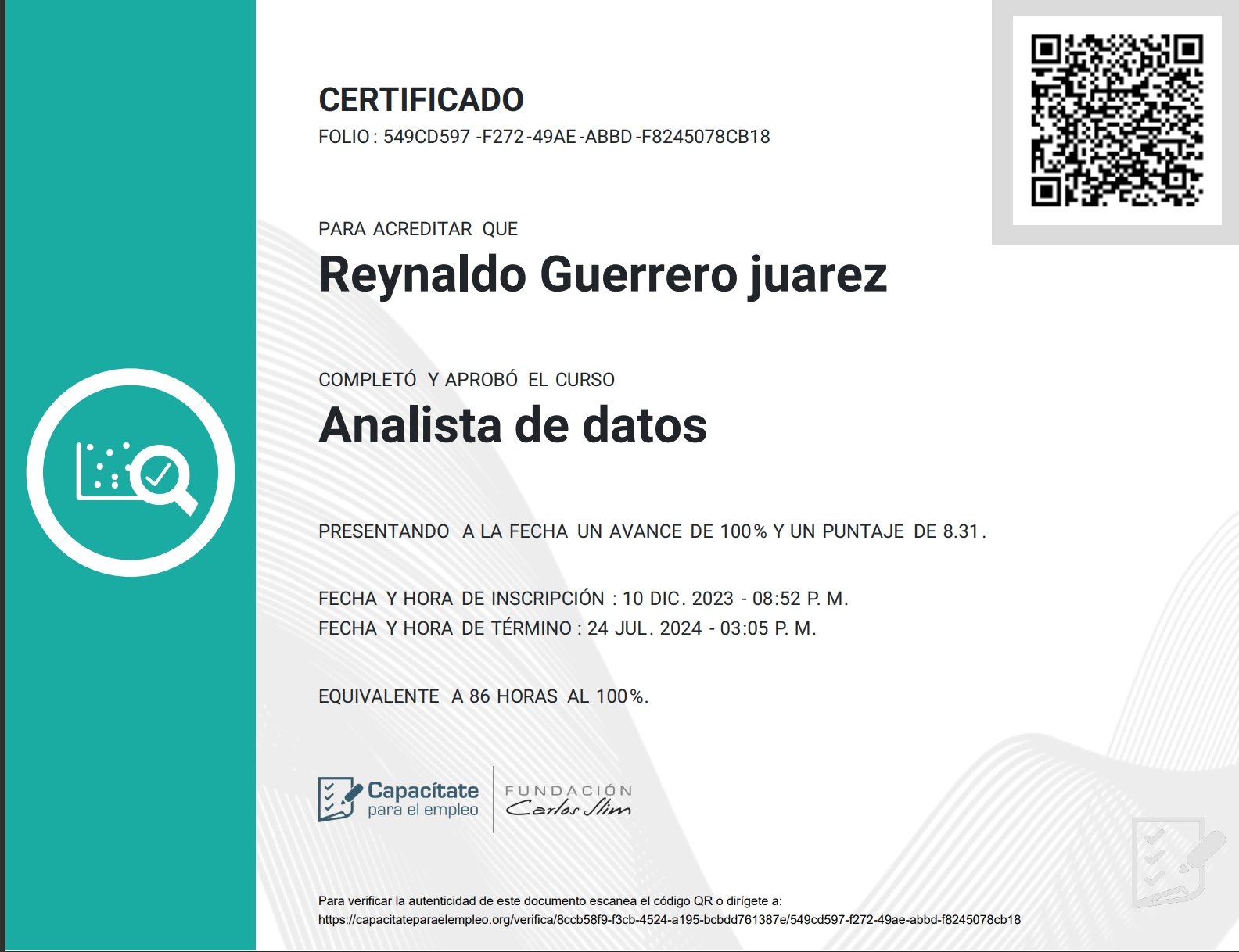 Certificado Analisis de Datos